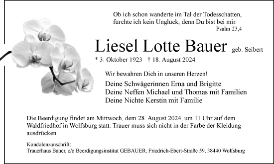 Traueranzeige von Liesel Lotte Bauer von Wolfsburger Nachrichten