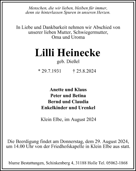 Traueranzeige von Lilli Heinecke von Salzgitter-Zeitung