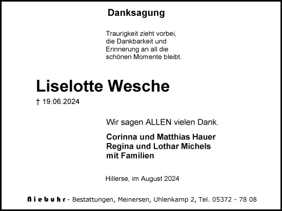 Traueranzeige von Liselotte Wesche von Wolfsburger Nachrichten