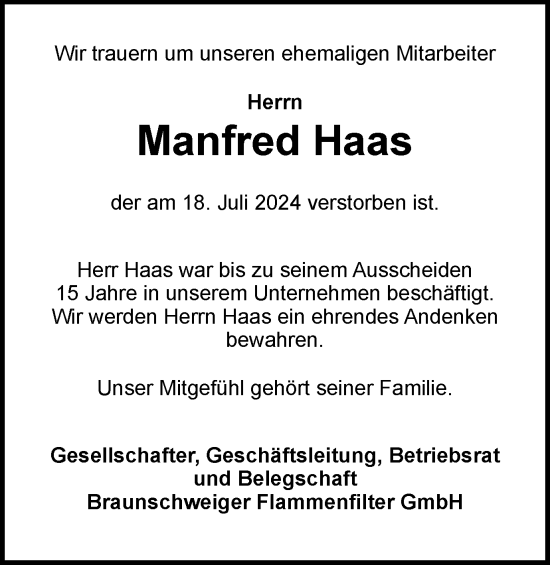Traueranzeige von Manfred Haas von Braunschweiger Zeitung