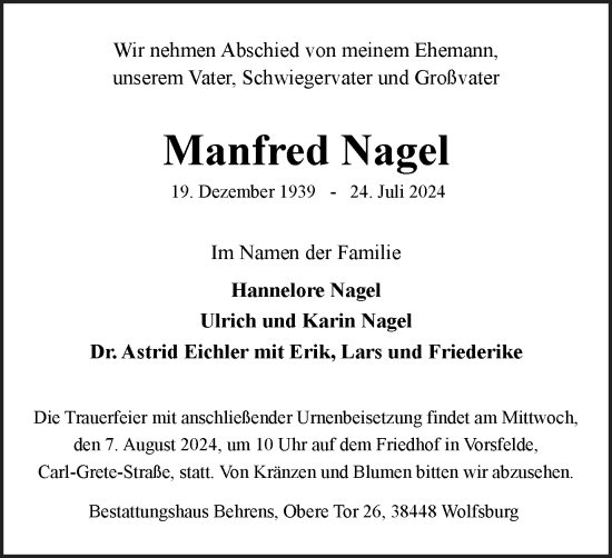 Traueranzeige von Manfred Nagel von Wolfsburger Nachrichten