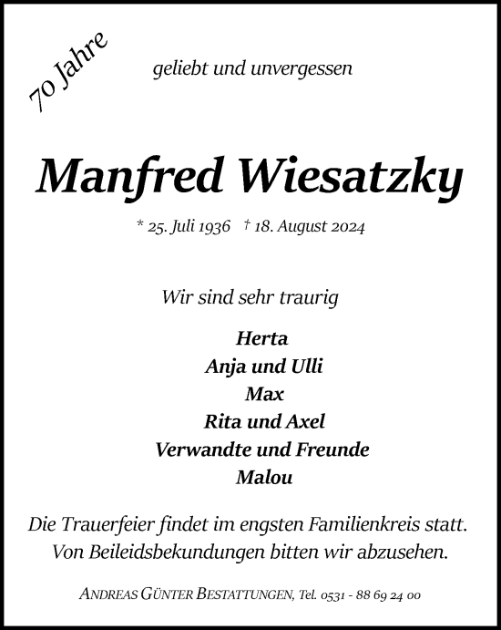 Traueranzeige von Manfred Wiesatzky von Braunschweiger Zeitung