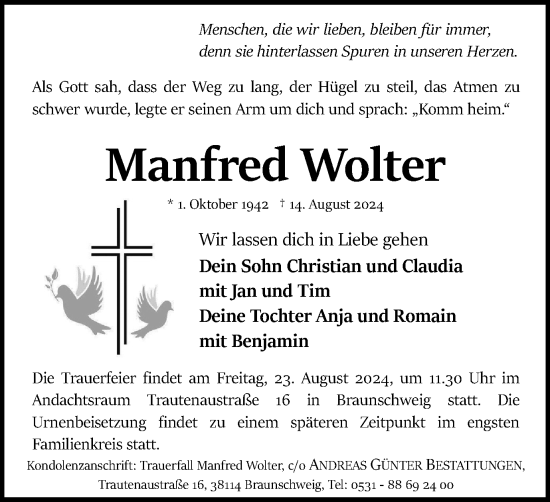 Traueranzeige von Manfred Wolter von Braunschweiger Zeitung