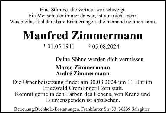 Traueranzeige von Manfred Zimmermann von Braunschweiger Zeitung