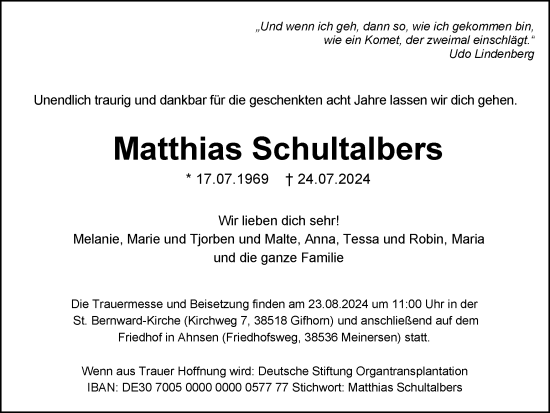 Traueranzeige von Matthias Schultalbers von Wolfsburger Nachrichten