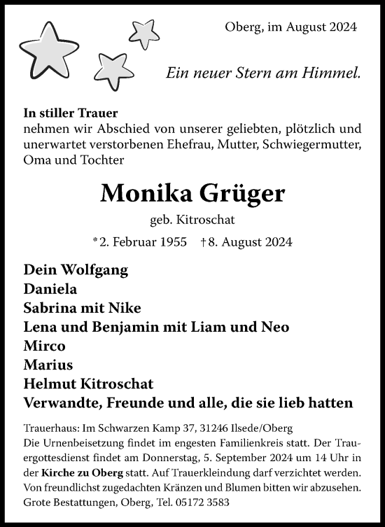 Traueranzeige von Monika Grüger von Braunschweiger Zeitung