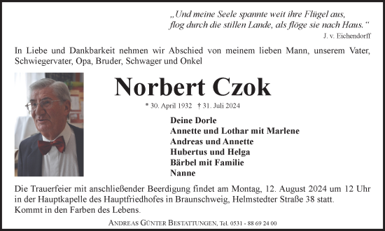Traueranzeige von Norbert Czok von Braunschweiger Zeitung