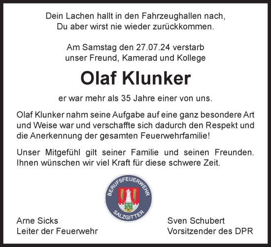 Traueranzeige von Olaf Klunker von Salzgitter-Zeitung