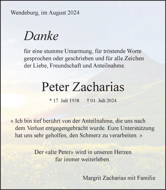 Traueranzeige von Peter Zacharias von Peiner Nachrichten