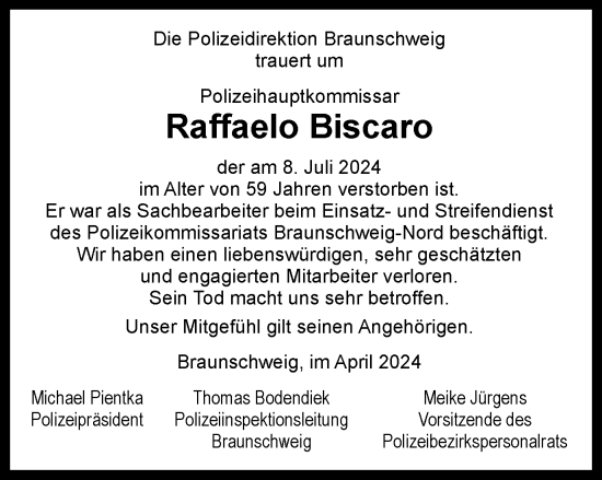 Traueranzeige von Raffaelo Biscaro von Braunschweiger Zeitung