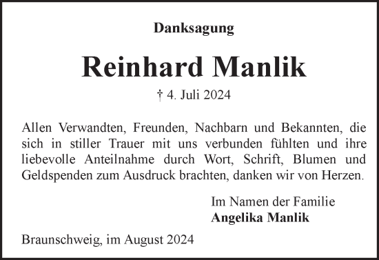 Traueranzeige von Reinhard Manlik von Braunschweiger Zeitung