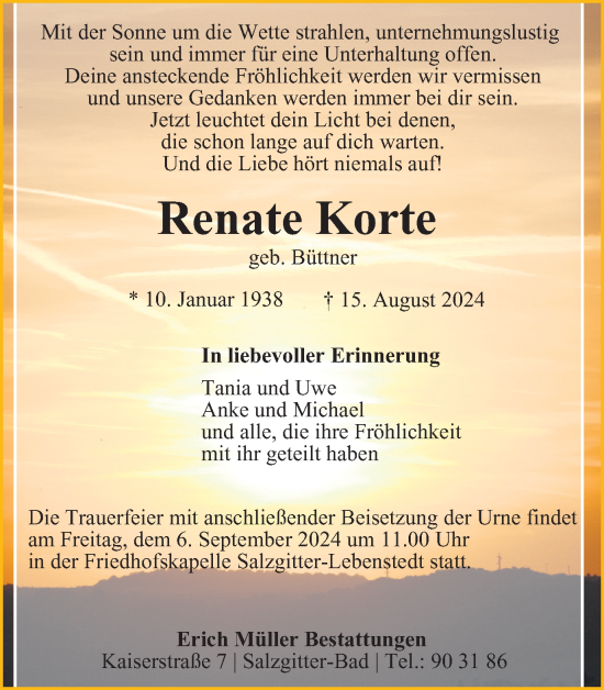 Traueranzeige von Renate Korte von Salzgitter-Zeitung