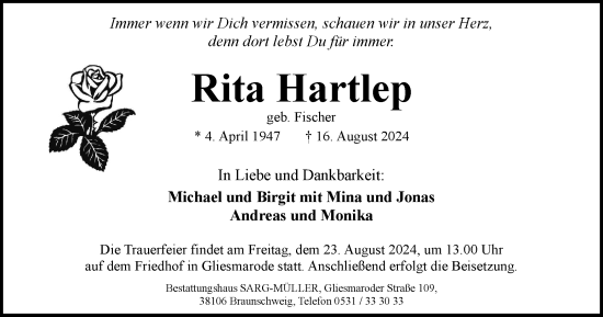 Traueranzeige von Rita Hartlep von Braunschweiger Zeitung