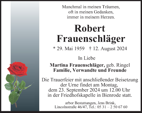 Traueranzeige von Robert und Frauenschläger von Braunschweiger Zeitung