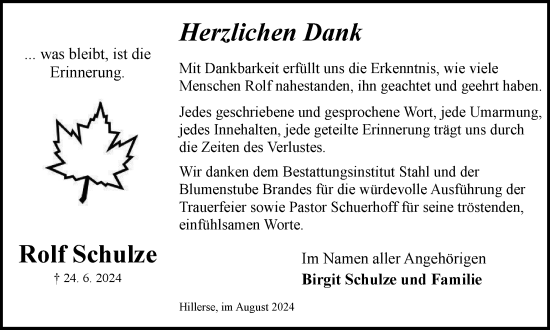 Traueranzeige von Rolf Schulze von Wolfsburger Nachrichten