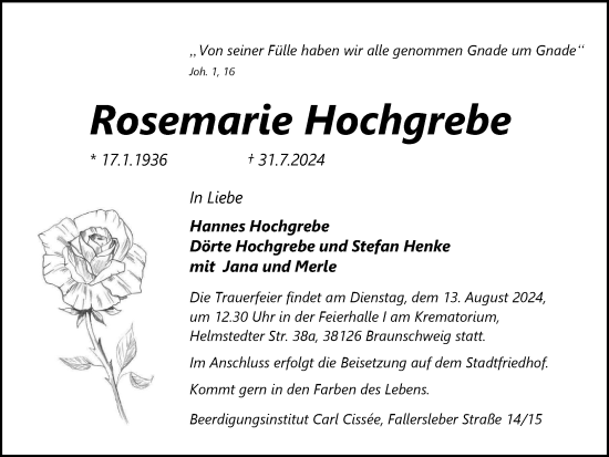 Traueranzeige von Rosemarie Hochgrebe von Braunschweiger Zeitung