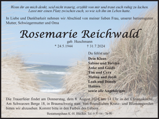 Traueranzeige von Rosemarie Reichwald von Braunschweiger Zeitung