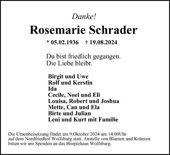 Traueranzeige von Rosemarie Schrader von Wolfsburger Nachrichten
