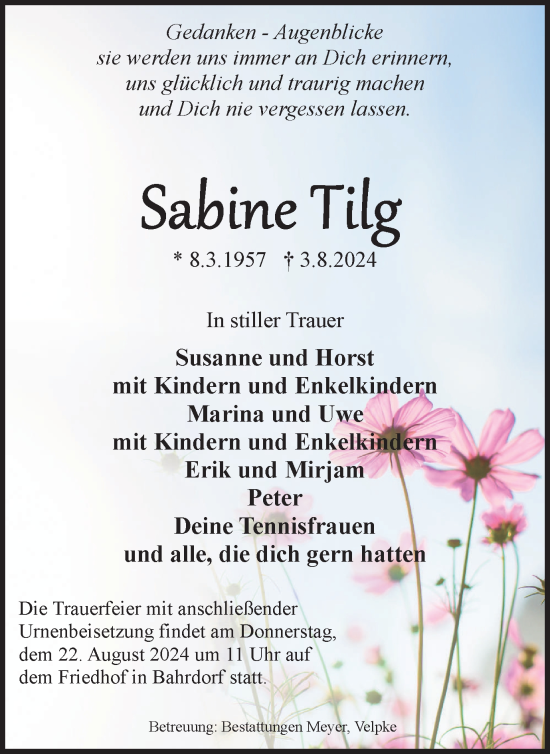 Traueranzeige von Sabine Tilg von Wolfsburger Nachrichten
