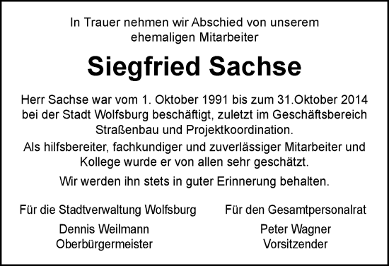 Traueranzeige von Siegfried Sachse von Wolfsburger Nachrichten