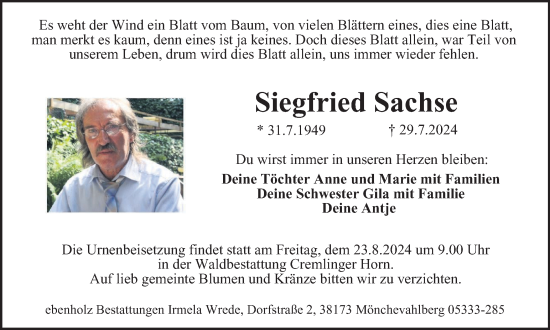 Traueranzeige von Siegfried Sachse von Braunschweiger Zeitung