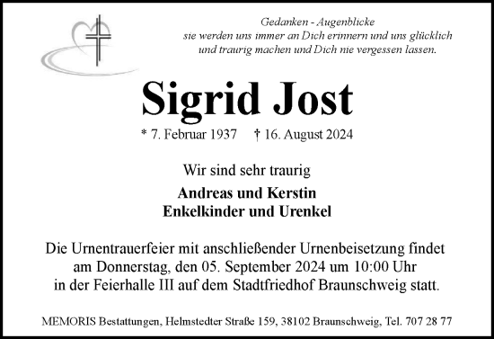 Traueranzeige von Sigrid Jost von Braunschweiger Zeitung