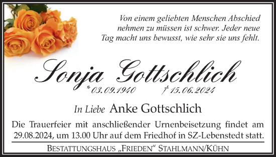 Traueranzeige von Sonja Gottschlich von Salzgitter-Zeitung