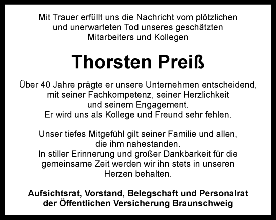 Traueranzeige von Thorsten Preiß von Braunschweiger Zeitung