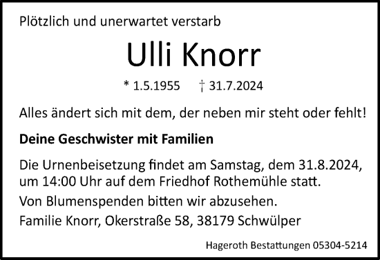 Traueranzeige von Ulli Knorr von Braunschweiger Zeitung