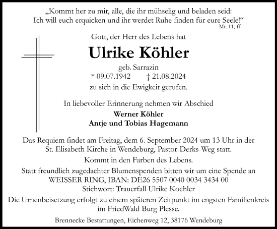 Traueranzeige von Ulrike Köhler von Peiner Nachrichten