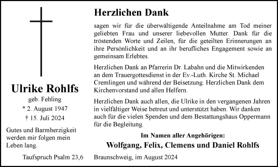 Traueranzeige von Ulrike Rohlfs von Braunschweiger Zeitung