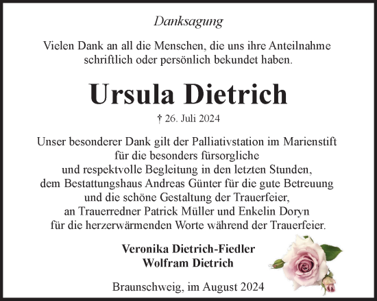 Traueranzeige von Ursula Dietrich von Braunschweiger Zeitung