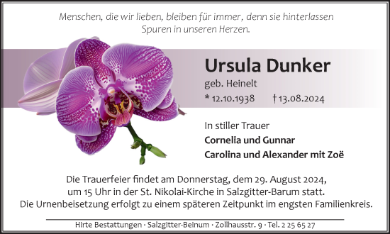 Traueranzeige von Ursula Dunker von Salzgitter-Zeitung