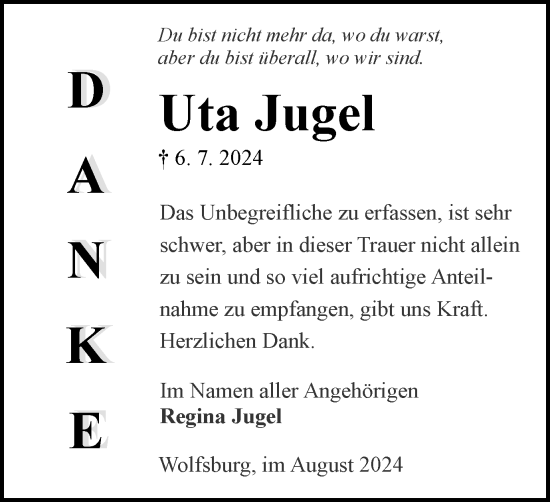 Traueranzeige von Uta Jugel von Wolfsburger Nachrichten