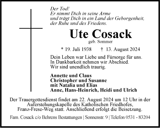 Traueranzeige von Ute Cosack von Braunschweiger Zeitung