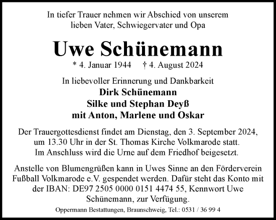 Traueranzeige von Uwe Schünemann von Braunschweiger Zeitung