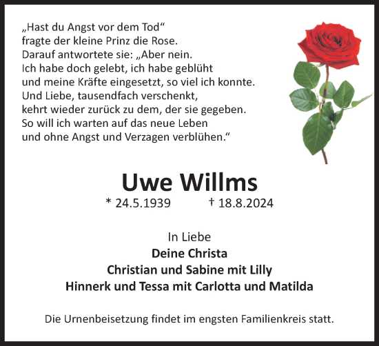Traueranzeige von Uwe Willms von Salzgitter-Zeitung