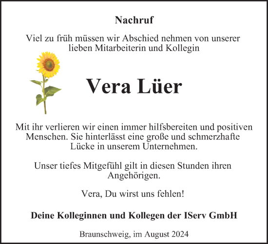 Traueranzeige von Vera Lüer von Braunschweiger Zeitung