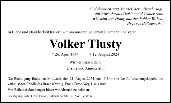 Traueranzeige von Volker Tlusty von Braunschweiger Zeitung