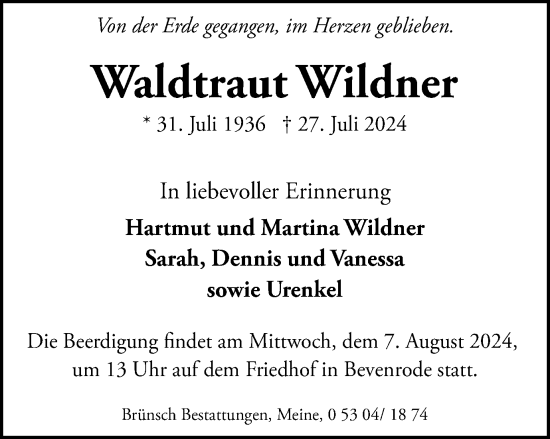 Traueranzeige von Waldtraut Wildner von Braunschweiger Zeitung