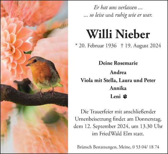 Traueranzeige von Willi Nieber von Braunschweiger Zeitung
