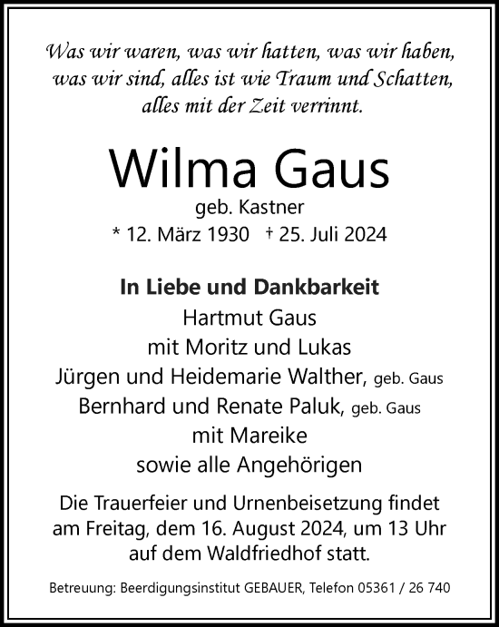 Traueranzeige von Wilma Gaus von Wolfsburger Nachrichten