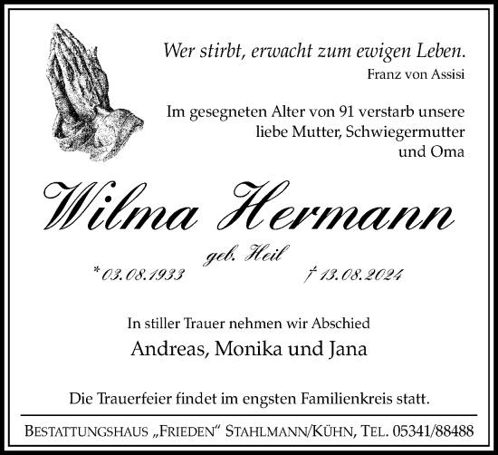 Traueranzeige von Wilma Hermann von Salzgitter-Zeitung