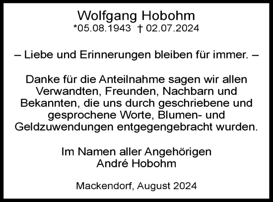 Traueranzeige von Wolfgang Hobohm von Wolfsburger Nachrichten