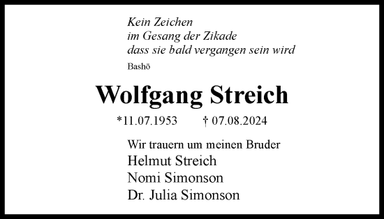 Traueranzeige von Wolfgang Streich von Wolfsburger Nachrichten