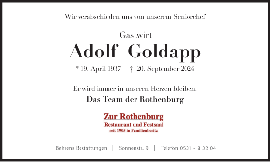 Traueranzeige von Adolf Goldapp von Braunschweiger Zeitung