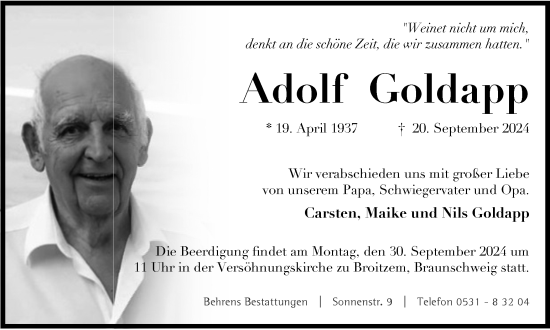 Traueranzeige von Adolf Goldapp von Braunschweiger Zeitung