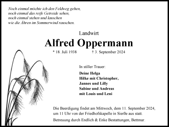 Traueranzeige von Alfred Oppermann von Peiner Nachrichten