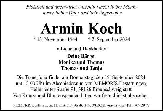 Traueranzeige von Armin Koch von Braunschweiger Zeitung