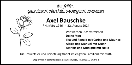 Traueranzeige von Axel Bauschke von Neue Braunschweiger am Samstag